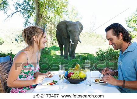 Attractive caucasian couple enjoying a luxury picnic outdoors near an elephant, Botlierskop Game Reserve, Mosselbay, South Africa. View Large Photo Image Stock Photo - Attractive caucasian couple enjoying a luxury picnic outdoors near an elephant, Botlierskop Game Reserve, Mosselbay, South Africa.. Fotosearch