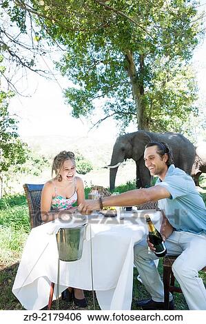 Attractive caucasian couple enjoying a luxury picnic outdoors near an elephant, Botlierskop Game Reserve, Mosselbay, South Africa. View Large Photo Image Stock Photograph - Attractive caucasian couple enjoying a luxury picnic outdoors near an elephant, Botlierskop Game Reserve, Mosselbay, South Africa.. Fotosearch