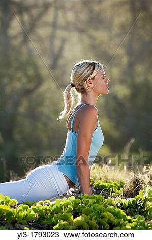 Stock Image - Attractive woman practices yoga at Makena, Maui, Hawaii. Fotosearch