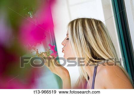 Attractive young woman is smelling a flower View Large Photo Image Stock Photo - Attractive young woman is smelling a flower. Fotosearch
