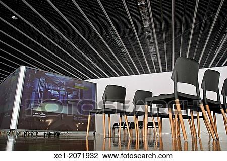 Stock Image - Audiovisual, Design Hub building, Design Museum, 2013, arch. Martorell, Bohigas and Mackay, Barcelona, Catalonia, Spain. Fotosearch