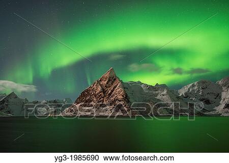 Aurora Borealis - Northern Lights fill sky over Olstind mountain peak and reflect in fjord, Toppoya, Lofoten Islands, Norway View Large Photo Image Stock Image - Aurora Borealis - Northern Lights fill sky over Olstind mountain peak and reflect in fjord, Toppoya, Lofoten Islands, Norway. Fotosearch