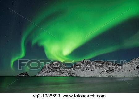 Stock Photo - Aurora Borealis - Northern Lights shine in sky over snow covered mountains from Vik beach, Vestv? goy, Lofoten Islands, Norway. Fotosearch