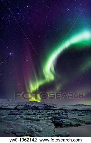 Aurora Borealis or Northern lights at the Jokulsarlon, Breidamerkurjokull, Vatnajokull Ice Cap, Iceland. View Large Photo Image Stock Image - Aurora Borealis or Northern lights at the Jokulsarlon, Breidamerkurjokull, Vatnajokull Ice Cap, Iceland.. Fotosearch