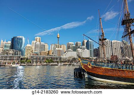 Australia, NSW, New South Wales, Sydney, Darling Harbour, harbor, Parramatta River, CBD, Central Business District, city skyline, HMB Endeavour, replica, Captain Cook? s, Australian National Maritime Museum,. View Large Photo Image Stock Image - Australia, NSW, New South Wales, Sydney, Darling Harbour, harbor, Parramatta River, CBD, Central Business District, city skyline, HMB Endeavour, replica, Captain Cook? s, Australian National Maritime Museum,.. Fotosearch