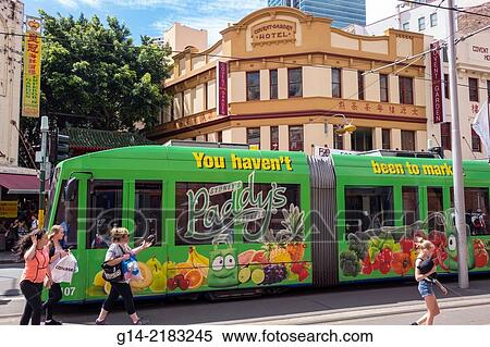 Australia, NSW, New South Wales, Sydney, Haymarket, Hay Street, Metro Light Rail, tram, Variotram, LRV, public transportation, Convent Garden Hotel, hotel,. View Large Photo Image Stock Photography - Australia, NSW, New South Wales, Sydney, Haymarket, Hay Street, Metro Light Rail, tram, Variotram, LRV, public transportation, Convent Garden Hotel, hotel,.. Fotosearch