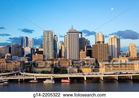 Australia, Queensland, Brisbane, Central, Business, District, CBD, city skyline, skyscrapers, buildings, view from South Bank, Pacific Motorway, M3, Brisbane River, Moon. View Large Photo Image Stock Image - Australia, Queensland, Brisbane, Central, Business, District, CBD, city skyline, skyscrapers, buildings, view from South Bank, Pacific Motorway, M3, Brisbane River, Moon.. Fotosearch