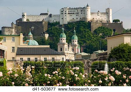 Austria, Salzburg, Mirabell Gardens and Schloss Hohensalzburg View Large Photo Image Stock Photo - Austria, Salzburg, Mirabell Gardens and Schloss Hohensalzburg. Fotosearch