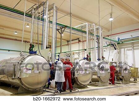 Stock Image - Autoclave sterilization in hermetically sealed containers by the method Appert, Appertization, Production line of canned vegetables and beans, Canning Industry, Agri-food, Gutarra, Grupo Riberebro, Villafranca, Navarra, Spain. Fotosearch