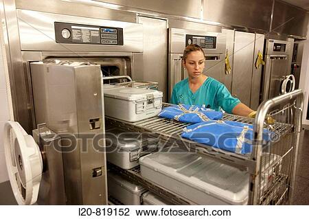 Stock Image - Autoclave sterilization method, sterilization plant. Hospital Universitario de Gran Canaria Doctor Negrin, Las Palmas de Gran Canaria. Canary Islands, Spain. Fotosearch