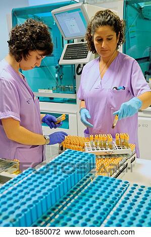Stock Image - Automatic Specimen Distributor, Hemotherapy, Donostia Hospital, San Sebastian, Donostia, Gipuzkoa, Basque Country, Spain. Fotosearch