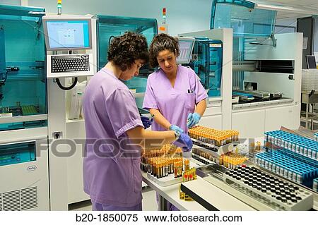 Stock Photography - Automatic Specimen Distributor, Hemotherapy, Hematology Laboratory, Task targeted automation system, Donostia Hospital, San Sebastian, Donostia, Gipuzkoa, Basque Country, Spain. Fotosearch