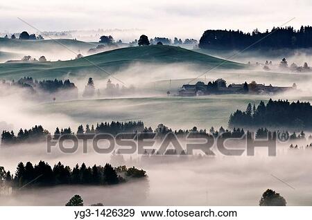 Stock Photo - Autumn mist clears from rolling hills of Allgaeu region as near village of Eisenberg, Bavaria, Germany. Fotosearch
