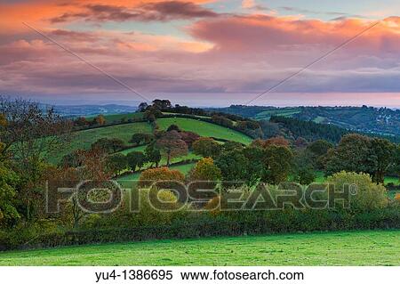 Autumn sunrise over fields near Exeter Devon South West England Europe View Large Photo Image Stock Photography - Autumn sunrise over fields near Exeter Devon South West England Europe. Fotosearch
