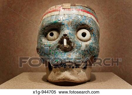 Stock Photography - Aztec Human skull covered with jade at the National Museum of Anthropology in Mexico City. Fotosearch