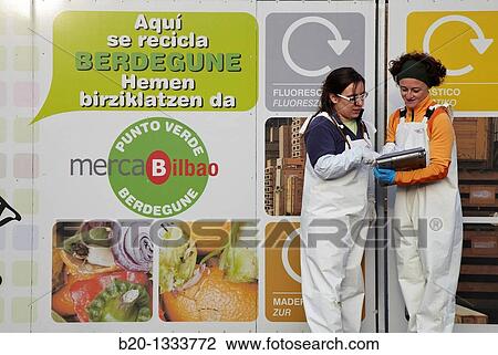Stock Image - Azti-Tecnalia researchers, Cleanfeed project (prevention of vegetal waste generation and reuse for animal feed), Mercabilbao fruits and vegetables wholesale market, Basauri, Bilbao, Bizkaia, Euskadi, Spain. Fotosearch