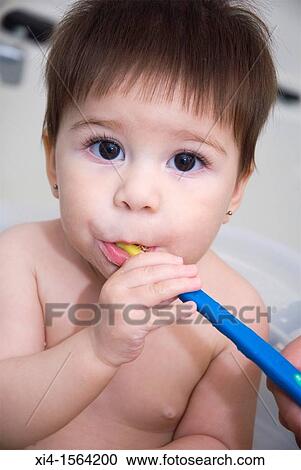 Baby brushing teeth Looking at the camera View Large Photo Image Stock Image - Baby brushing teeth Looking at the camera. Fotosearch
