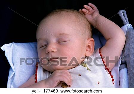 Baby girl asleep in her stroller with one arm above her head. View Large Photo Image Stock Photo - Baby girl asleep in her stroller with one arm above her head.. Fotosearch