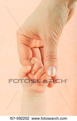 Stock Image - Baby hand holding parents hand. Fotosearch