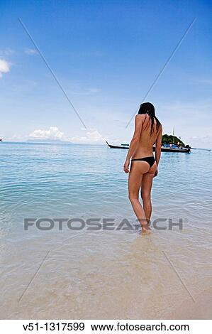Back view of a sexy brunette woman enjoying holidays at tropical beach in Thailand View Large Photo Image Stock Photo - Back view of a sexy brunette woman enjoying holidays at tropical beach in Thailand. Fotosearch