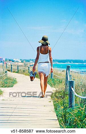 Back view of a woman walking by the sea View Large Photo Image Stock Photo - Back view of a woman walking by the sea. Fotosearch