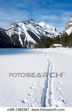Backcountry ski track heading to warming shelter on Kinney Lake, Mount Robson Provincial Park British Columbia Canada View Large Photo Image Stock Image - Backcountry ski track heading to warming shelter on Kinney Lake, Mount Robson Provincial Park British Columbia Canada. Fotosearch