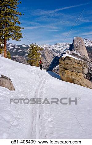 Backcountry skier enjoying the view of Half Dome from Washburn Point, Yosemite National Park, California View Large Photo Image Stock Photo - Backcountry skier enjoying the view of Half Dome from Washburn Point, Yosemite National Park, California. Fotosearch
