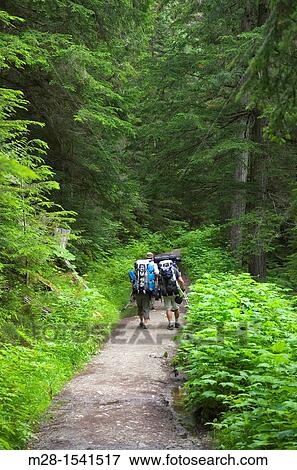 Stock Photo - Backpackers on the Berg Lake Trail Mount Robson Provincial Park British Columbia Canada. Fotosearch