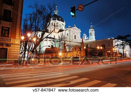 Stock Photo - Bail? n street and the Almudena cathedral, night view. Madrid, Spain.. Fotosearch