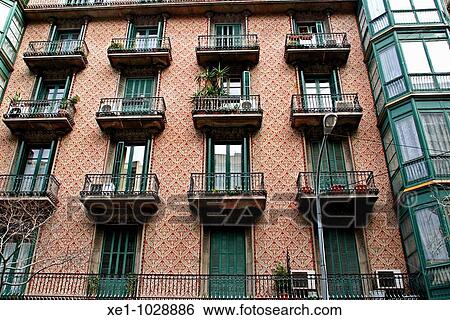 Stock Photograph - balconies, building, Barcelona, Catalonia, Spain.. Fotosearch