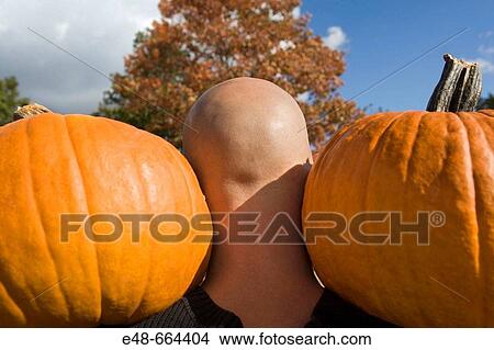 Bald man holding two pumpkins on shoulders View Large Photo Image Picture - Bald man holding two pumpkins on shoulders. Fotosearch