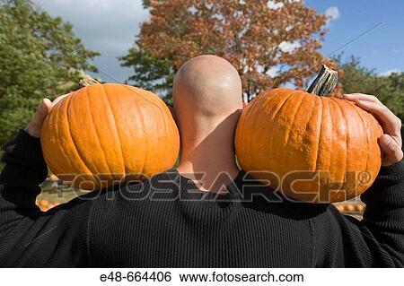 Bald man holding two pumpkins on shoulders View Large Photo Image Stock Photograph - Bald man holding two pumpkins on shoulders. Fotosearch