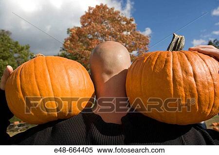 Bald man holding two pumpkins on shoulders View Large Photo Image Stock Photography - Bald man holding two pumpkins on shoulders. Fotosearch