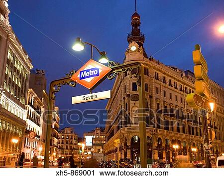 Stock Image - Banco Espaol de Cr? dito and Subway Station in Calle Alcala, Madrid, Spain. Fotosearch