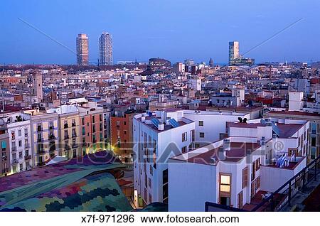 Barcelona: From left to right, Mapfre tower, Hotel Arts, Barcelona Biomedical Research Park building and Mare Nostrum tower Down, at left, roof of Santa Caterina market View Large Photo Image Stock Photograph - Barcelona: From left to right, Mapfre tower, Hotel Arts, Barcelona Biomedical Research Park building and Mare Nostrum tower Down, at left, roof of Santa Caterina market. Fotosearch