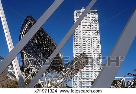 Barcelona: Hotel Arts and `Peix? fish Sculpture by Frank O Gehry View Large Photo Image Picture - Barcelona: Hotel Arts and `Peix? fish Sculpture by Frank O Gehry. Fotosearch
