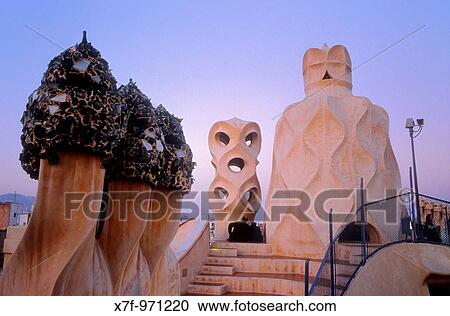 Barcelona: Roof of Casa Mil? `La Pedrera?, 1906-1912 by Gaud? View Large Photo Image Stock Image - Barcelona: Roof of Casa Mil? `La Pedrera?, 1906-1912 by Gaud?. Fotosearch