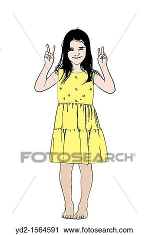 Stock Image - barefoot baby girl girl in yellow dress with hands up in victory. Fotosearch