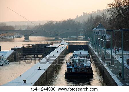 Barge in the lock of the Wuerzburg Main Port View Large Photo Image Stock Image - Barge in the lock of the Wuerzburg Main Port. Fotosearch