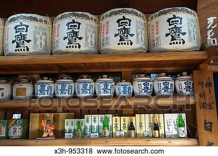 Stock Photo - Barrels of sake, shop at Ise, Japan. Fotosearch