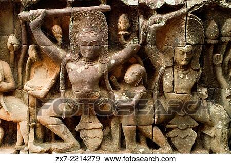 Stock Photo - Bas-relief on the terrace of Leper King. Angkor Thom. The Terrace of the Leper King (or Leper King Terrace), (Preah Learn Sdech Kunlung) is located in the northwest corner of the Royal Square of Angkor Thom, Cambodia.. Fotosearch
