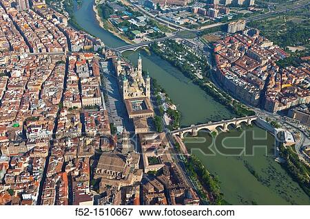 Stock Photo - Basilica Cathedral Our Lady of The Pillar Zaragoza Town Ebro River, Aragon, Spain, Europe.. Fotosearch