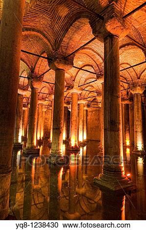 Stock Image - Basilica Cistern, Sunken Palace, Sunken cistern, forest of columns, Istanbul, Turkey. Fotosearch