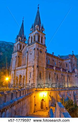 Stock Photo - Basilica, night view. Covadonga, Asturias, Spain. Fotosearch