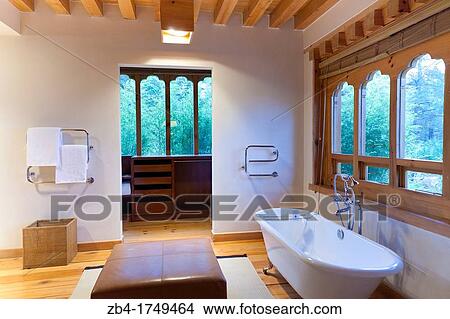 Bathroom of COMO Villa, Boutique luxury resort UMA Paro Hotel, Paro, Bhutan, Asia. View Large Photo Image Picture - Bathroom of COMO Villa, Boutique luxury resort UMA Paro Hotel, Paro, Bhutan, Asia.. Fotosearch