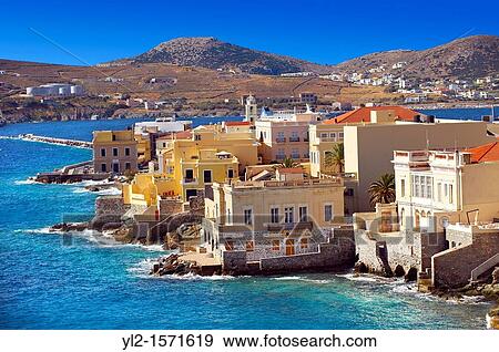 Bay and buildings of Ermoupolis, Syros S, Greek Cyclades Islands View Large Photo Image Stock Photo - Bay and buildings of Ermoupolis, Syros S, Greek Cyclades Islands. Fotosearch