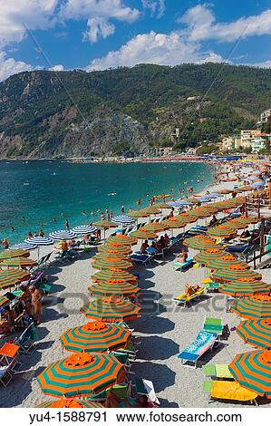 Stock Image - Beach at Monterosso al Mare, Cinque Terre, Liguria, Italy, Europe. Fotosearch