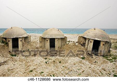 Beach with Bunkers. Borsh. Albania. View Large Photo Image Stock Photograph - Beach with Bunkers. Borsh. Albania.. Fotosearch