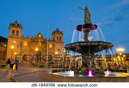 Beautiful colorful night exposure of fountain Main Square in center of Cusco Cuzco Peru in South America View Large Photo Image Stock Photograph - Beautiful colorful night exposure of fountain Main Square in center of Cusco Cuzco Peru in South America. Fotosearch