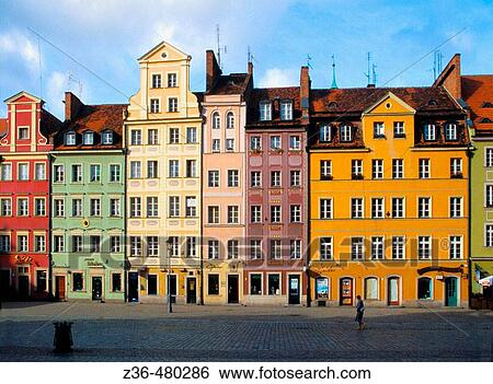 Stock Photograph - Beautiful houses at Main Market Square in Old Town Wroclaw of Poland. Fotosearch